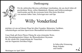 Traueranzeige von Willy Vorderlind von Südthüringer Presse