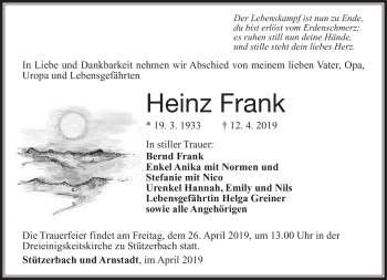 Traueranzeige von Heinz Frank von Südthüringer Presse