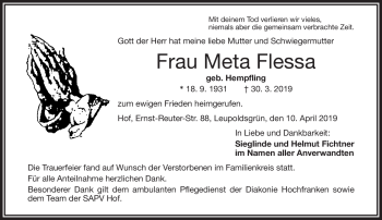 Traueranzeige von Meta Flessa von Frankenpost