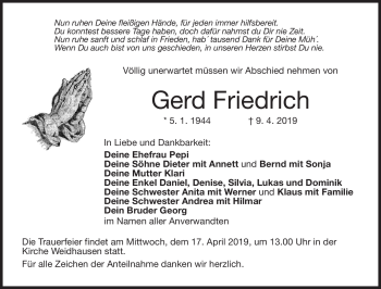 Traueranzeige von Gerd Friedrich von Neue Presse Coburg