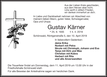 Traueranzeige von Gustav Kärner von Frankenpost