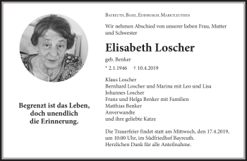 Traueranzeige von Elisabeth Loscher von Neue Presse Coburg