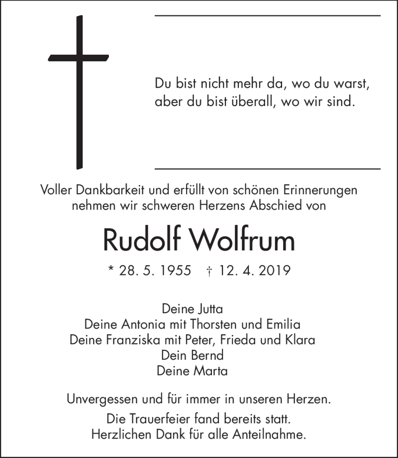  Traueranzeige für Rudolf Wolfrum vom 20.04.2019 aus Frankenpost