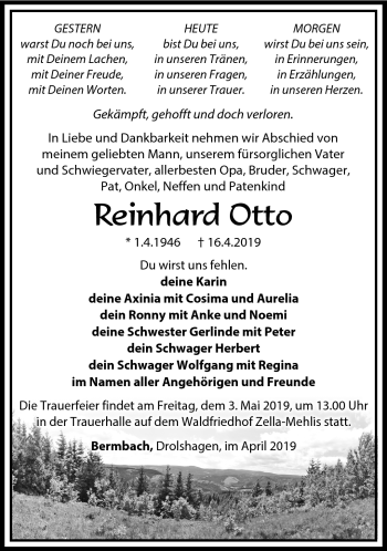 Traueranzeige von Otto Reinhard von Südthüringer Presse