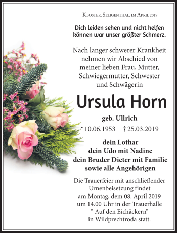 Traueranzeige von Ursula Horn von Südthüringer Presse