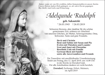 Traueranzeige von Adelgunde Rudolph von Südthüringer Presse