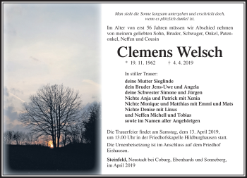 Traueranzeige von Clemens Welsch von Südthüringer Presse