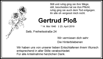 Traueranzeige von Gertrud Ploß von Frankenpost