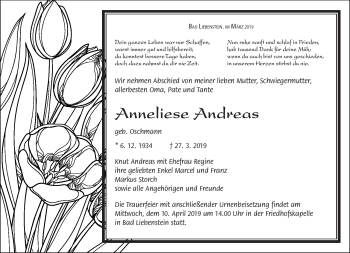 Traueranzeige von Anneliese Andreas von Südthüringer Presse