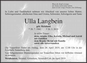 Traueranzeige von Ulla Langbein von Südthüringer Presse
