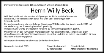 Traueranzeige von Willi Beck von Frankenpost