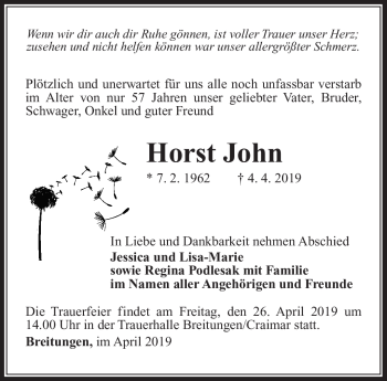 Traueranzeige von Horst John von Südthüringer Presse