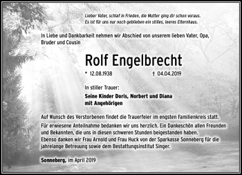 Traueranzeige von Rolf Engelbrecht von Südthüringer Presse