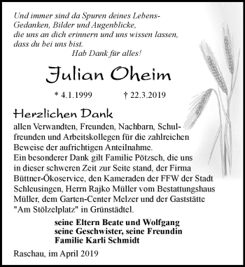 Traueranzeige von Julian Oheim von Südthüringer Presse