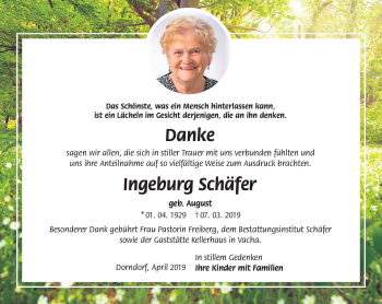 Traueranzeige von Ingeburg Schäfer von Südthüringer Presse