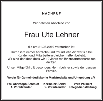 Traueranzeige von Ute Lehner von Frankenpost