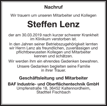 Traueranzeige von Steffen Lenz von Südthüringer Presse