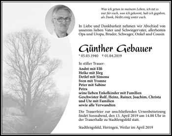 Traueranzeige von Günther Gebauer von Südthüringer Presse