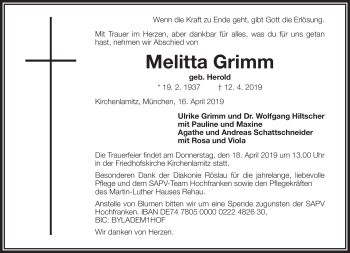 Traueranzeige von Melitta Grimm von Frankenpost