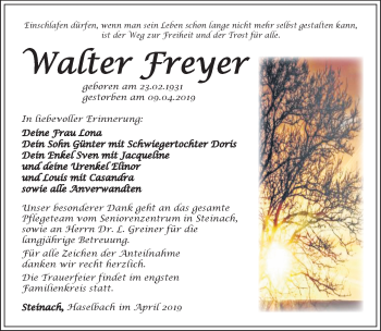 Traueranzeige von Walter Freyer von Südthüringer Presse