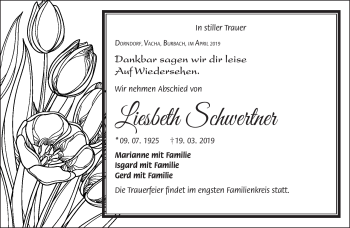 Traueranzeige von Lisbeth Schwertner von Südthüringer Presse