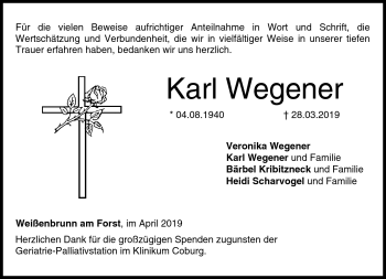 Traueranzeige von Karl Wegener von Neue Presse Coburg