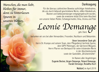 Traueranzeige von Leonie Demange von Südthüringer Presse
