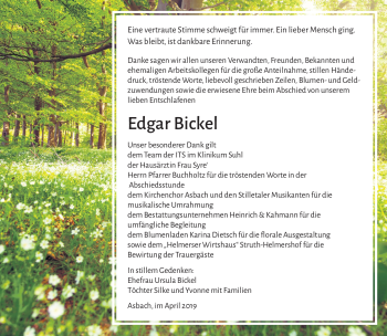 Traueranzeige von Edgar Bickel von Südthüringer Presse