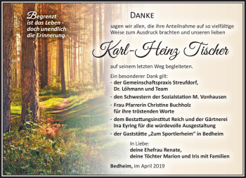 Traueranzeige von Karl-Heinz Tischer von Südthüringer Presse