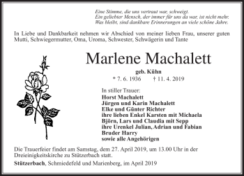 Traueranzeige von Marlene Machalett von Südthüringer Presse
