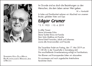 Traueranzeige von Edgar Gruner von Südthüringer Presse