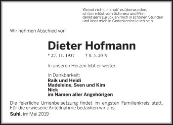 Traueranzeige von Dieter Hofmann von Südthüringer Presse