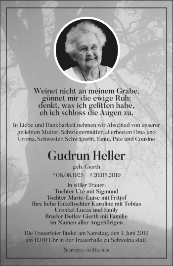 Traueranzeige von Gudrun Heller von Südthüringer Presse