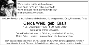Traueranzeige von Gerda Weiß von Neue Presse Coburg