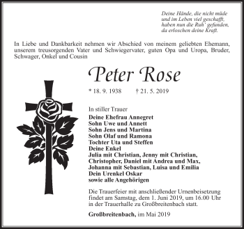 Traueranzeige von Peter Rose von Südthüringer Presse
