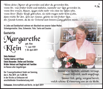 Traueranzeige von Margarethe Klein von Südthüringer Presse