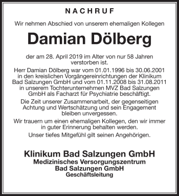 Traueranzeige von Damian Dölberg von Südthüringer Presse