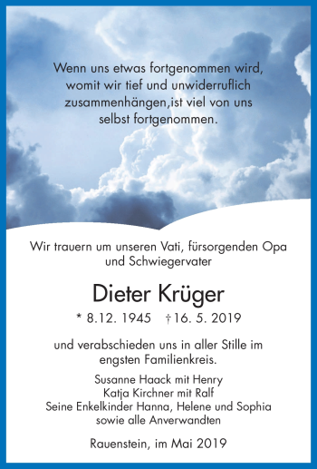 Traueranzeige von Dieter Krüger von Südthüringer Presse
