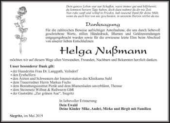 Traueranzeige von Helga Nußmann von Südthüringer Presse