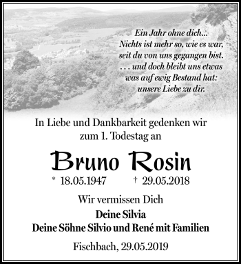 Traueranzeige von Bruno Rosin von Südthüringer Presse