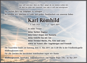 Traueranzeige von Karl Römhild von Südthüringer Presse