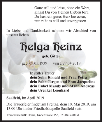 Traueranzeige von Helga Heinz von Südthüringer Presse