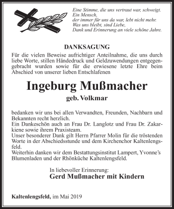 Traueranzeige von Ingeburg Mußmacher von Südthüringer Presse