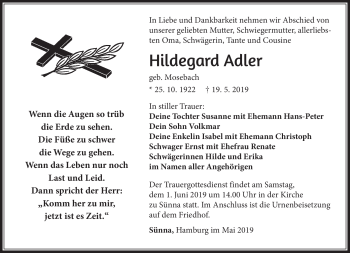 Traueranzeige von Hildegard Adler von Südthüringer Presse
