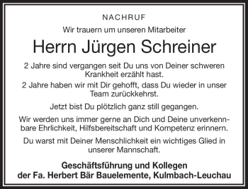 Traueranzeige von Jürgen Schreiner von Frankenpost
