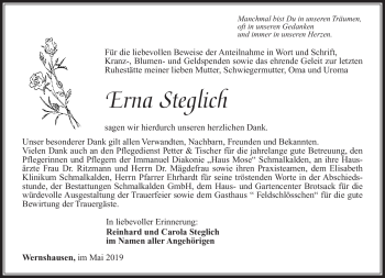 Traueranzeige von Erna Steglich von Südthüringer Presse