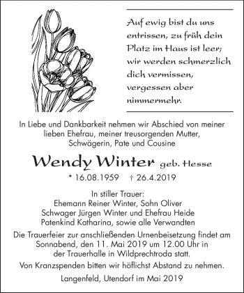 Traueranzeige von Wendy Winter von Südthüringer Presse