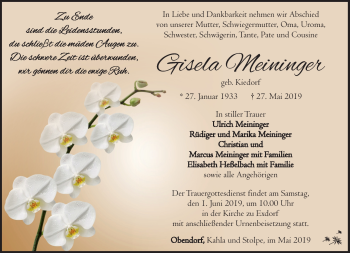 Traueranzeige von Gisela Meininger von Südthüringer Presse