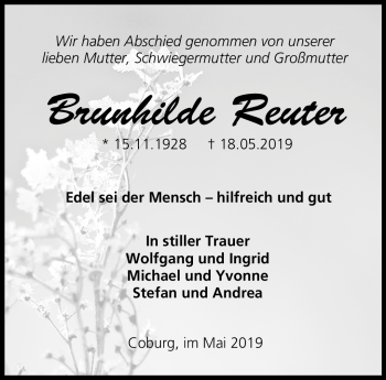 Traueranzeige von Brunhilde Reuter von Neue Presse Coburg