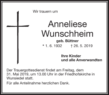 Traueranzeige von Anneliese Wunschheim von Frankenpost